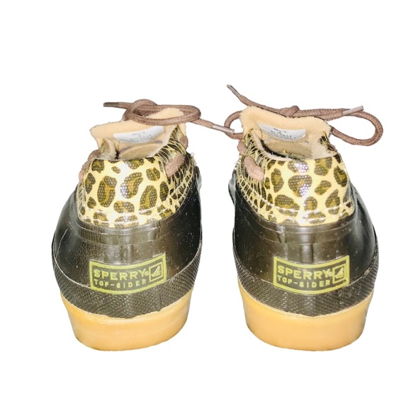 Sperry Waterproof Leopard Print Brown Slip On Duck Boots, 8 - Picture 2 of 10